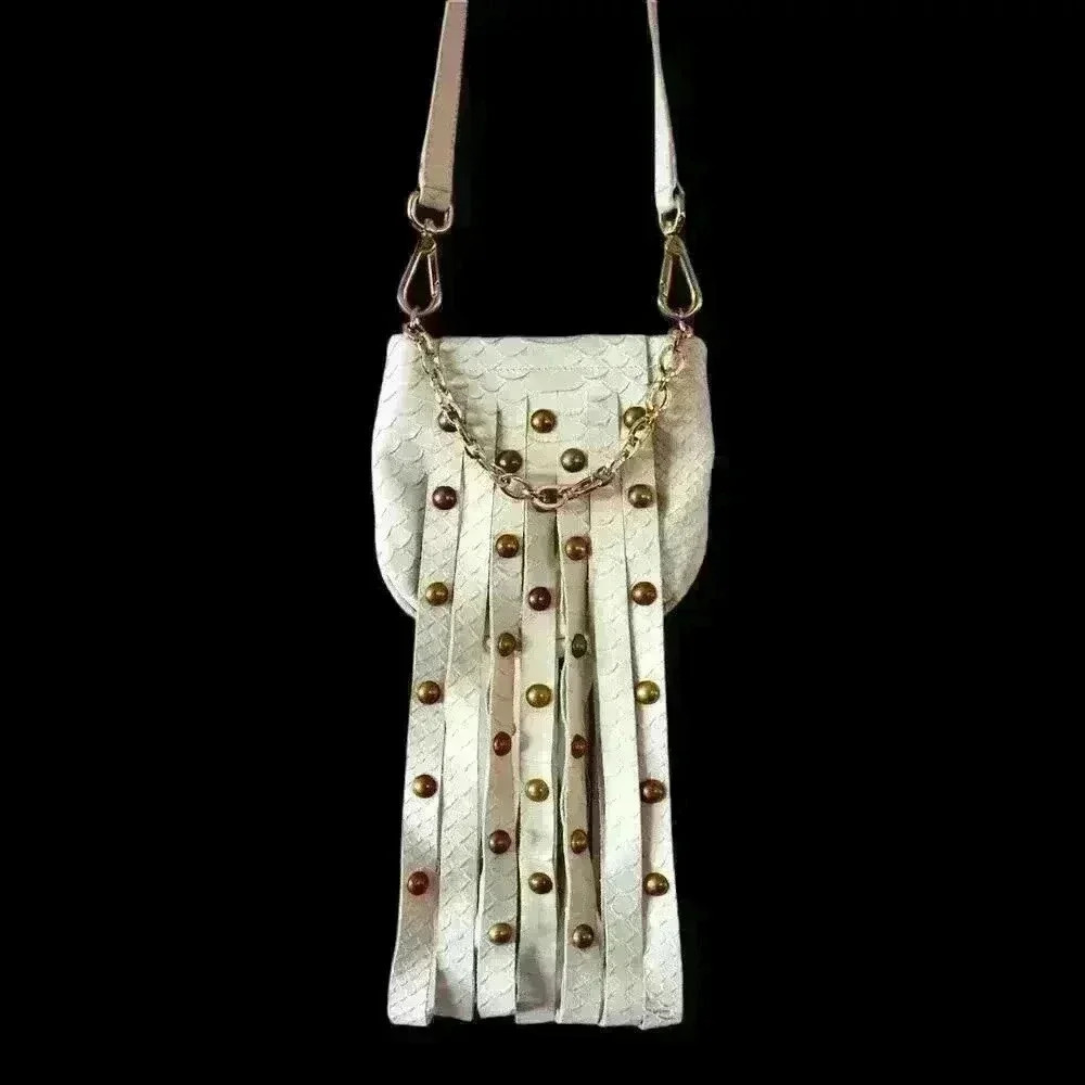 Furla Boho Chic White Leather Snakeskin Fringed Studded Crossbody Purse GlamRock